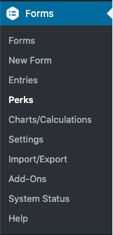 The 'Perks' link underneath 'Forms' on the WordPress menu