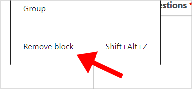 An arrow pointing to the 'Remove block' link in the WordPress block settings menu