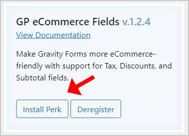 An arro pointing to the 'Install Perk' button under GP eCommerce Fields