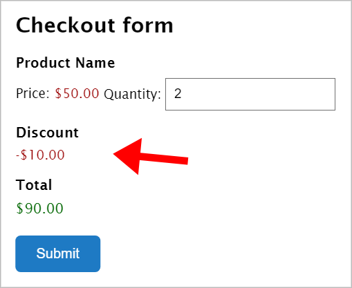 An arrow pointing to a $10 discount on a form showing a product quantity and a total amount