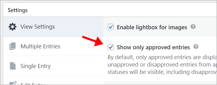 An arrow pointing to a checkbox labeled 'Show only approved entries'