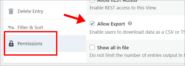 An arrow pointing to a checkbox labeled 'Allow Export' in the Permissions settings