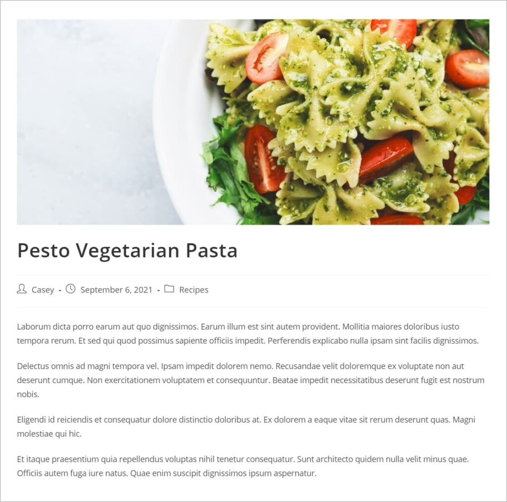 A post on the front end titled 'Pesto Vegetarian Pasta'