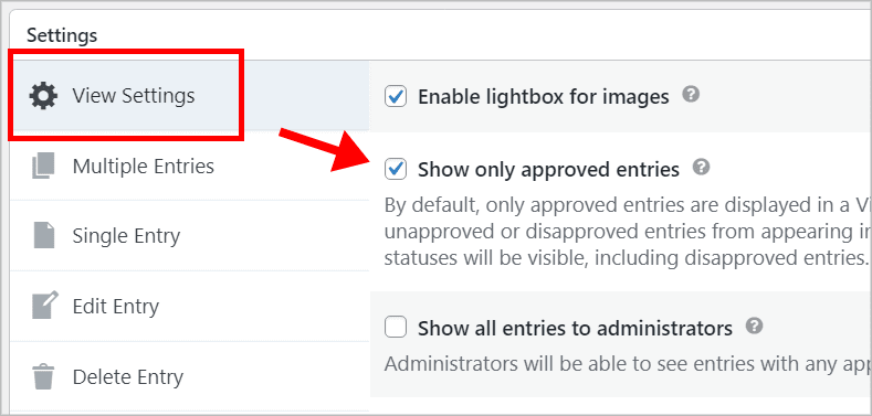 The GravityView View Settings with an arrow pointing to the 'Show only approved entries' checkbox