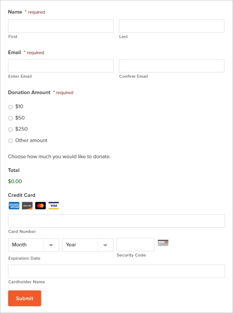 A Gravity Forms donations form on the front end showing fields for name, email. and donation amount
