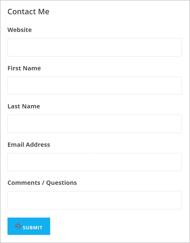 A Gravity Forms on the front end showing the following fields: Website, First Name, Last Name, Email Address and Comments/Questions
