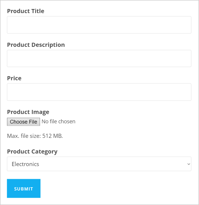 A form with the following field: product title, product description, price, product image and product category