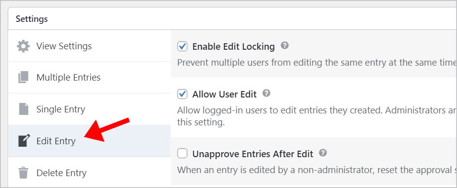 The 'Edit Entry' settings in GravityView