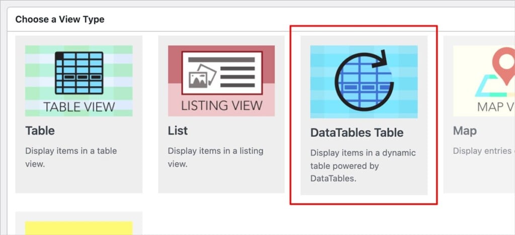 The GravityView DataTables layout option under 'Choose a View Type'