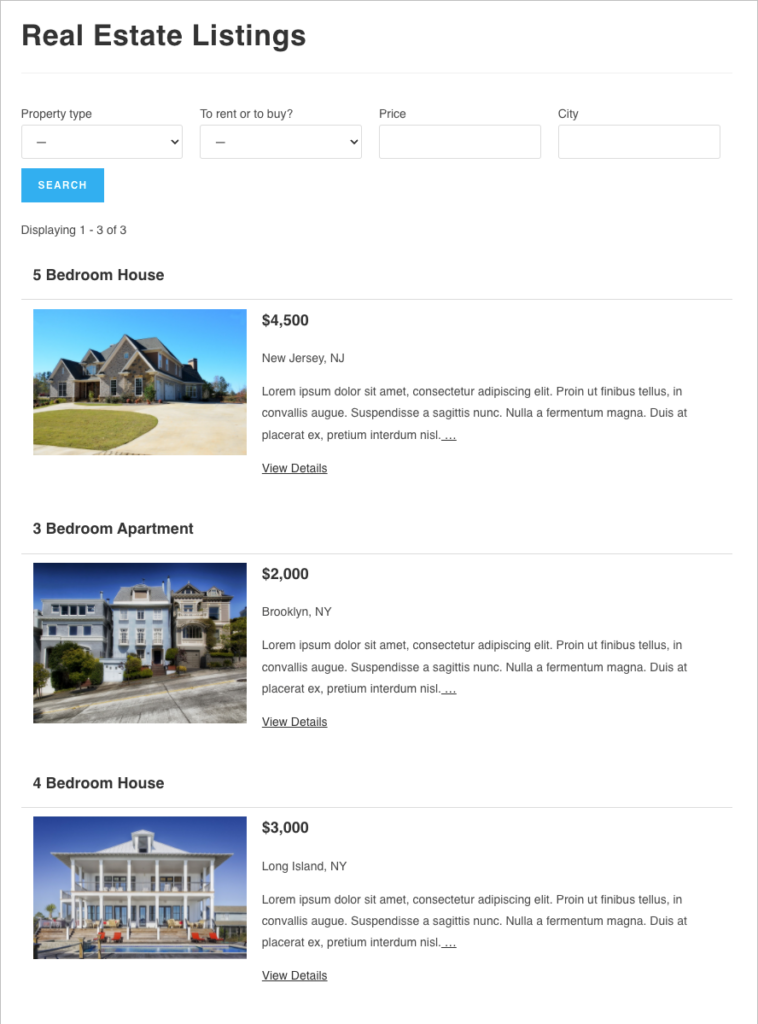 Gravity Forms real estate listing website built using GravityView