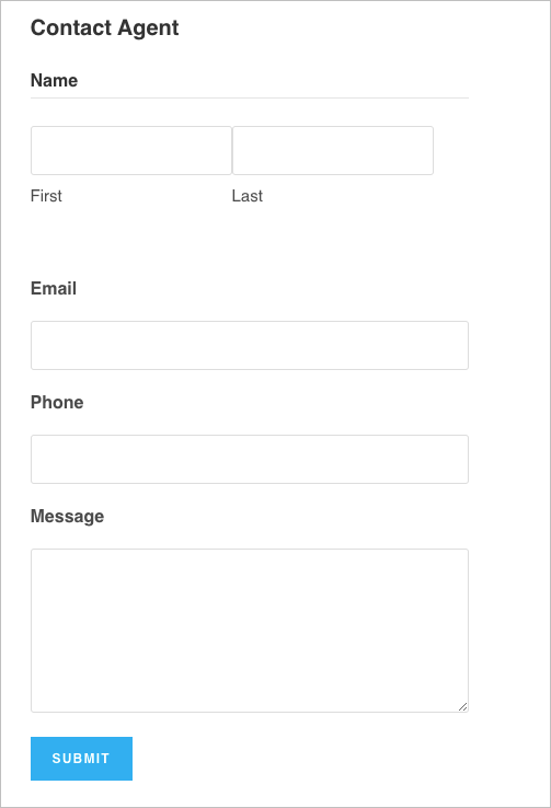 The 'Contact Agent' form showing fields for Name, Email, Phone and Message