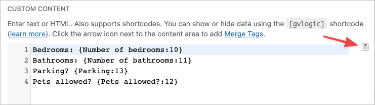 Custom Content text editor with an arrow pointing to the merge tag button