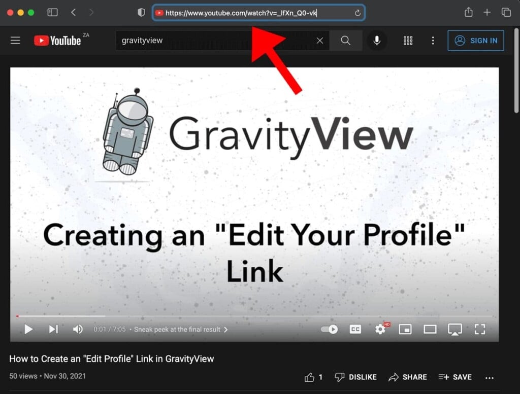 An arrow pointing to the URL of a YouTube video page