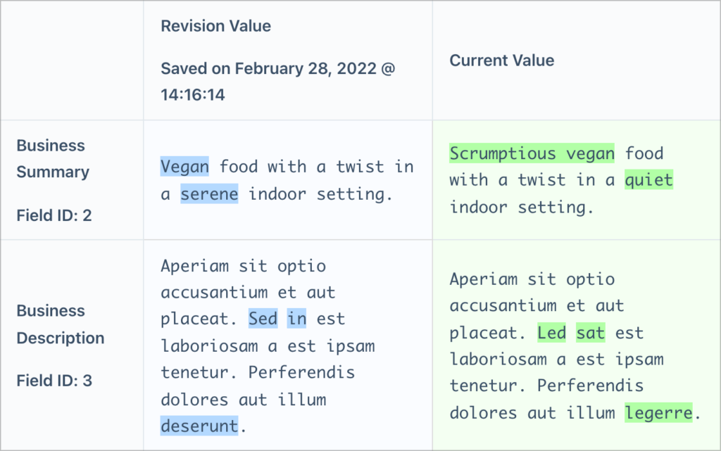 Revisions made to Gravity Forms entries, with changes highlighted in blue and green