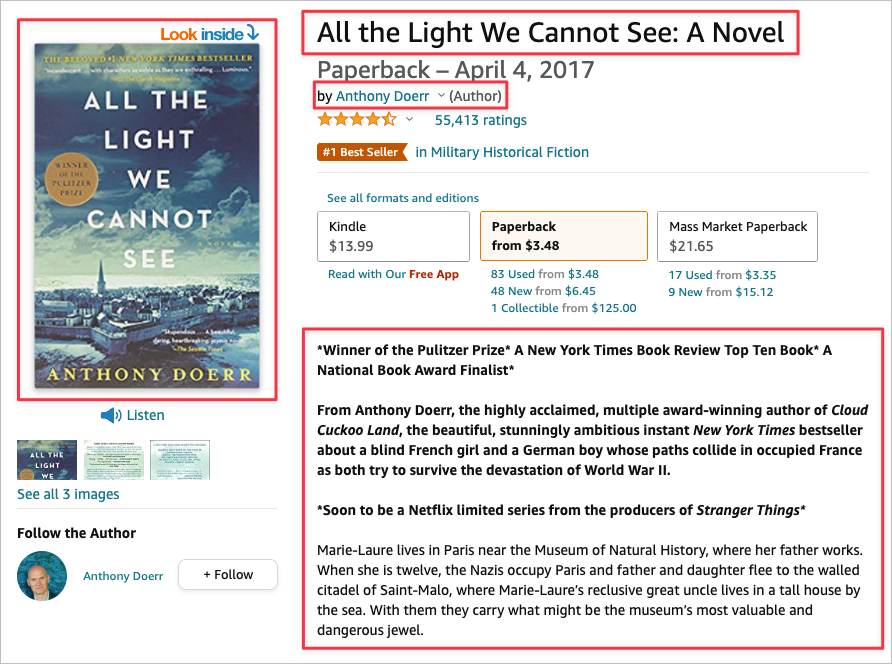 The Amazon page for a novel titled 'All the Light We Cannot See'