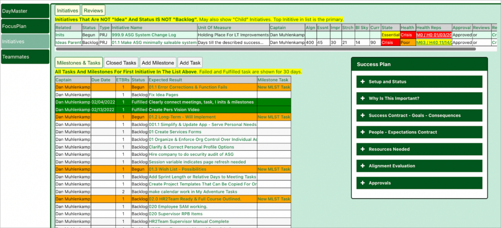 The Initiatives page on the Arena Success group website showing tasks and milestones in a GravityView Table layout