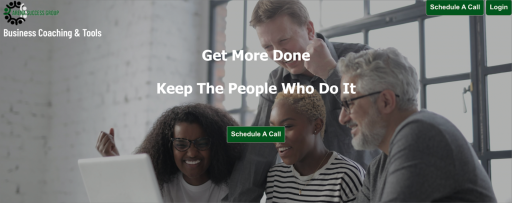 The home page of Arena Success Group, showing their tagline, "Get More Done, Keep the People Who Do It"