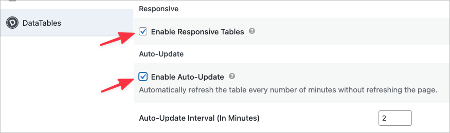 Two DataTables settings, one says 'Enable Responsive Tables' and the other says 'Enable Auto-Update'