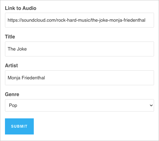 The audio submission form with all fields filled out