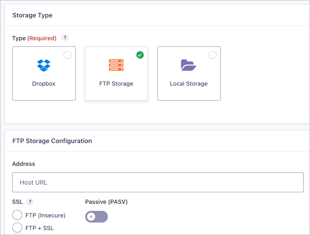 GravityExport storage settings showing options for Dropbox, FTP and Local storage