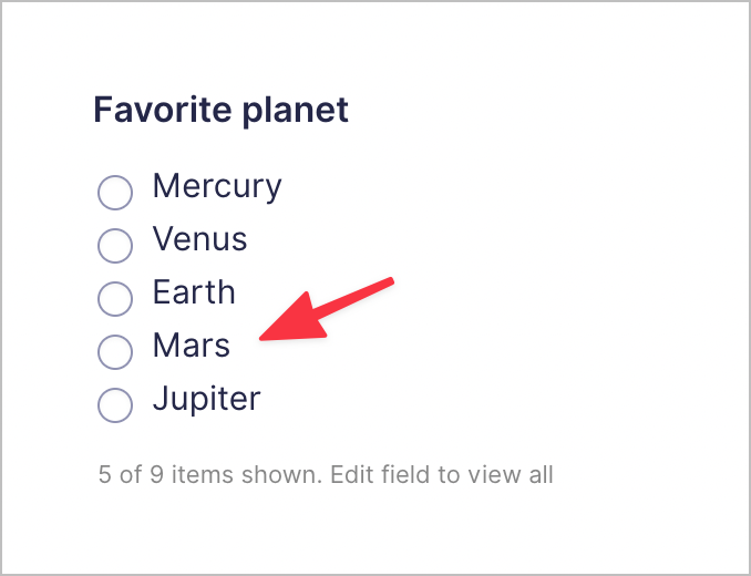 A Gravity Forms Radio Buttons field with different planet names including a correctly spelled "Mars"