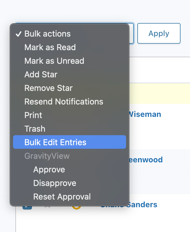 The Bulk Edit Entries option on the Bulk Actions Dropdown menu