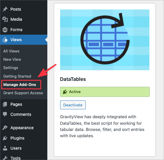 The Manage Add-Ons link under the Views menu item in WordPress