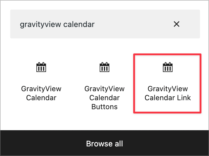 The GravityView Calendar Link block