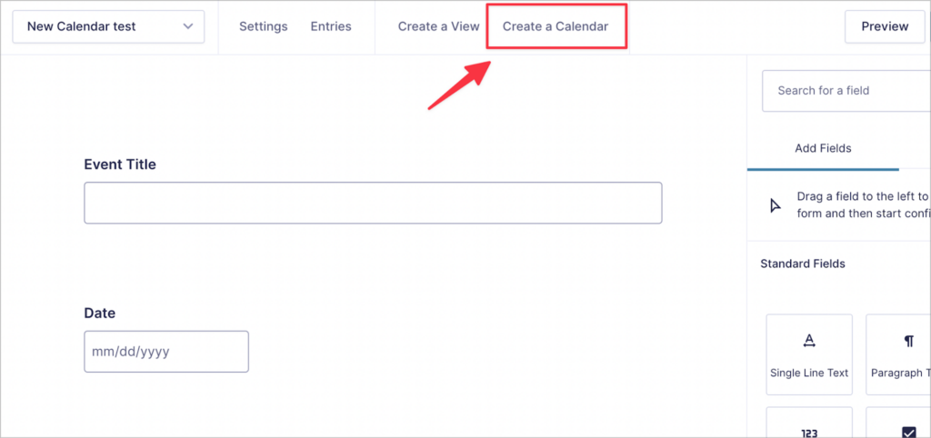 The 'Create a Calendar' button at the top of the Gravity Forms visual editor