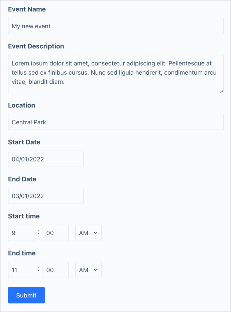 An event submission form filled in with event information