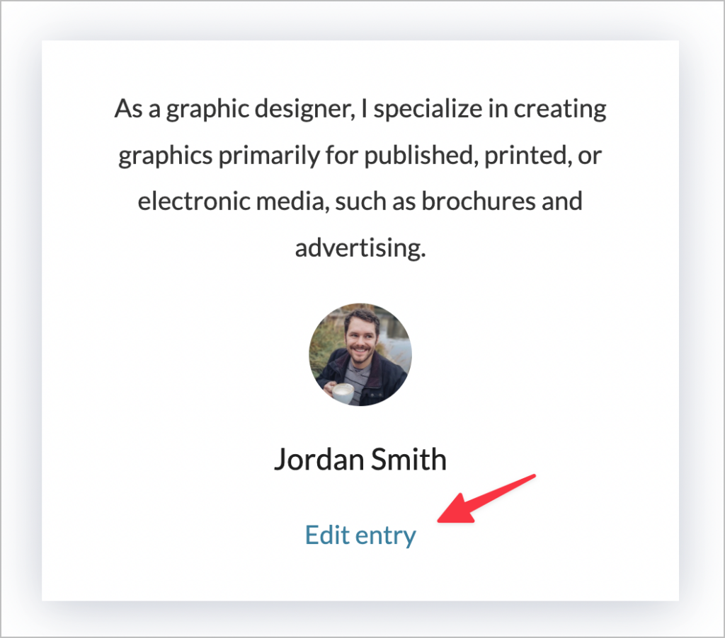 An arrow pointing to an 'Edit Entry' link underneath a personal profile