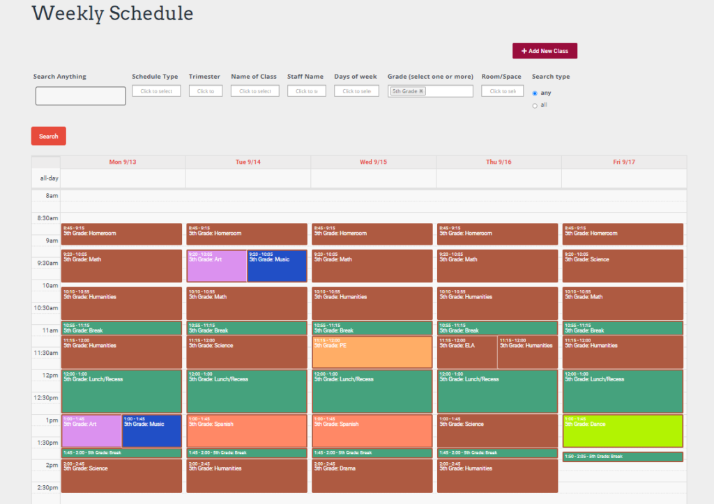 A school and even calendar forming part of a Student Information System built using GravityView