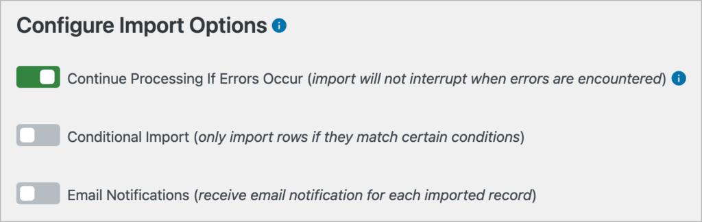 The Import Entries import options screen