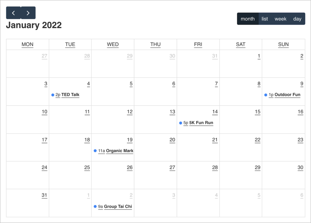 A calendar displaying Gravity Forms entries built using the Gravity Forms Calendar add-on