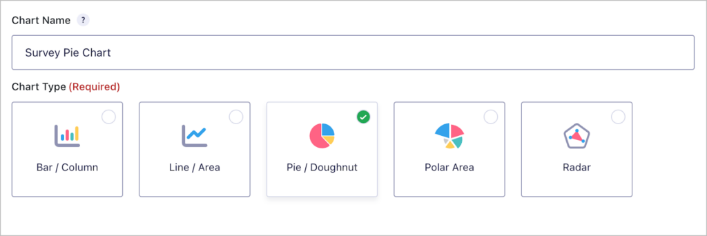 Chart types in GravityCharts with a green checkmark next to 'Pie / Doughnut'