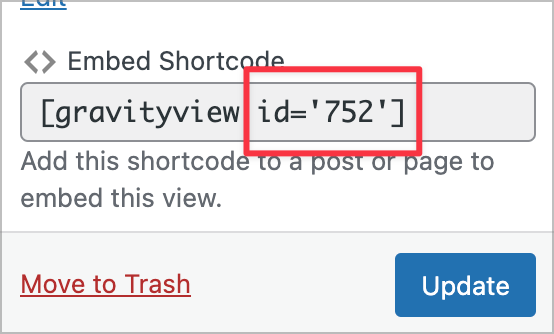 The GravityView embed shortcode with the View ID highlighted in red