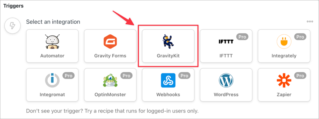 "GravityKit" as an option among the supported integrations in Uncanny Automator