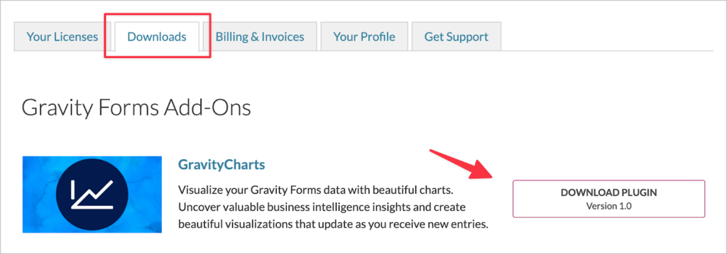 The Download Plugin button for GravityCharts on the GravityKit Account page