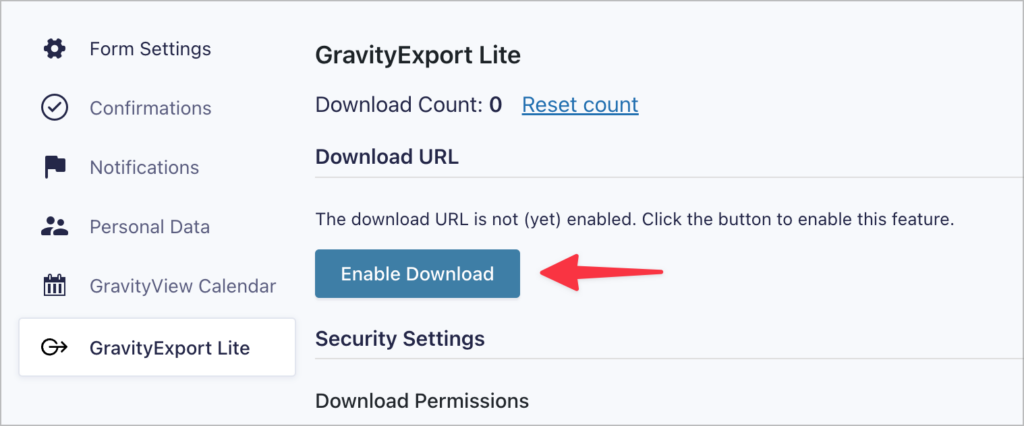 The 'Enable Download' button on the 'GravityExport Lite' feed page