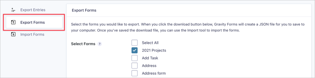 The 'Export Forms' tab on the Gravity Forms 'Import/Export' page