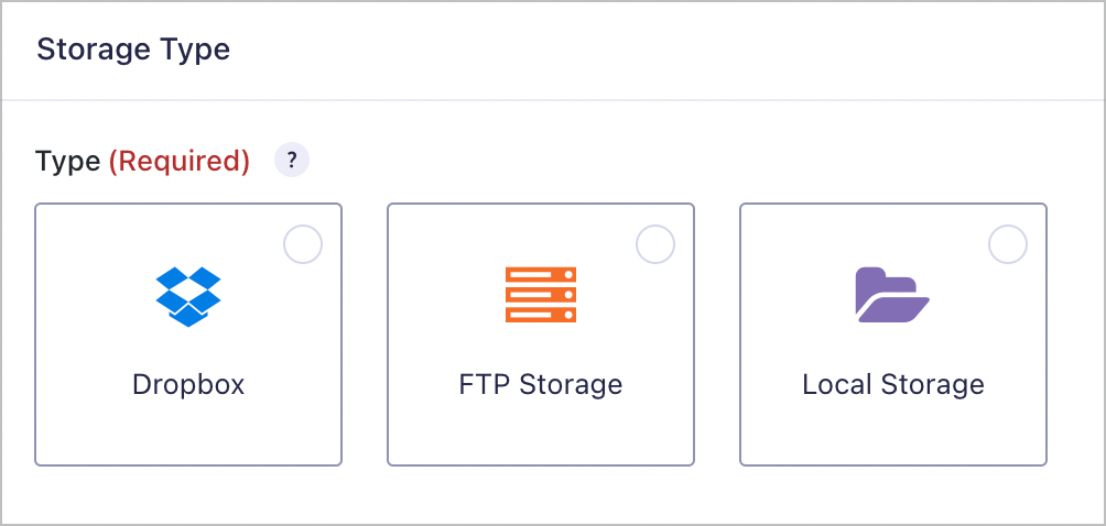 The different storage options for GravityExport, including Dropbox, FTP and Local storage
