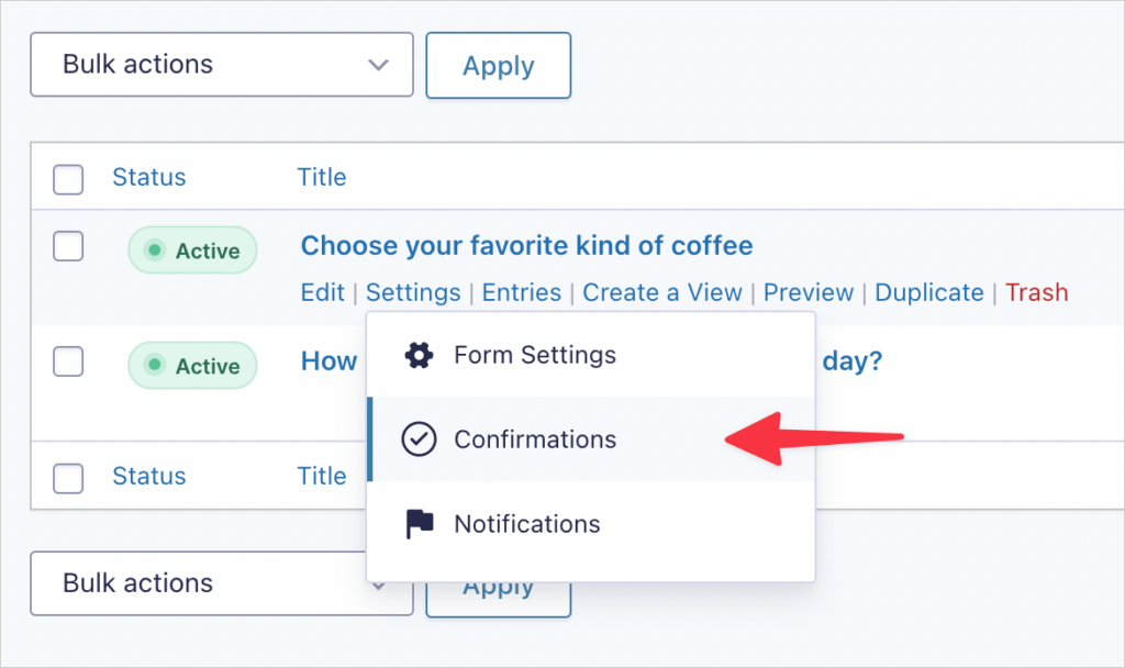 An arrow pointing to the Confirmations link under "Settings" for a form in Gravity Forms 