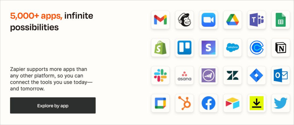 A screenshot of the Zapier website that says '5,000+ apps, infinite possibilities'