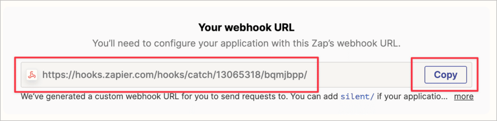 The webhook URL generated by Zapier