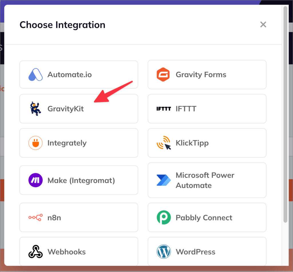 The GravityKit integration option in WP Webhooks