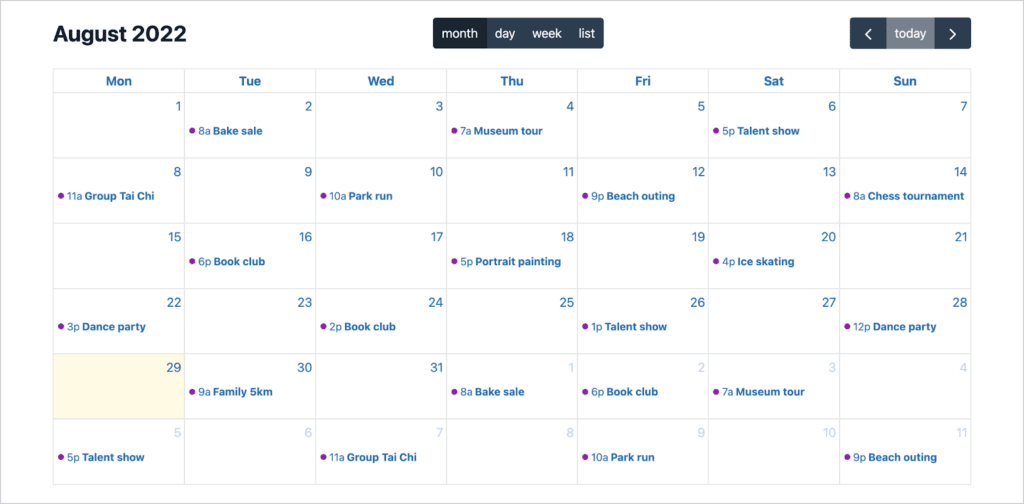 An events calendar built using GravityCalendar