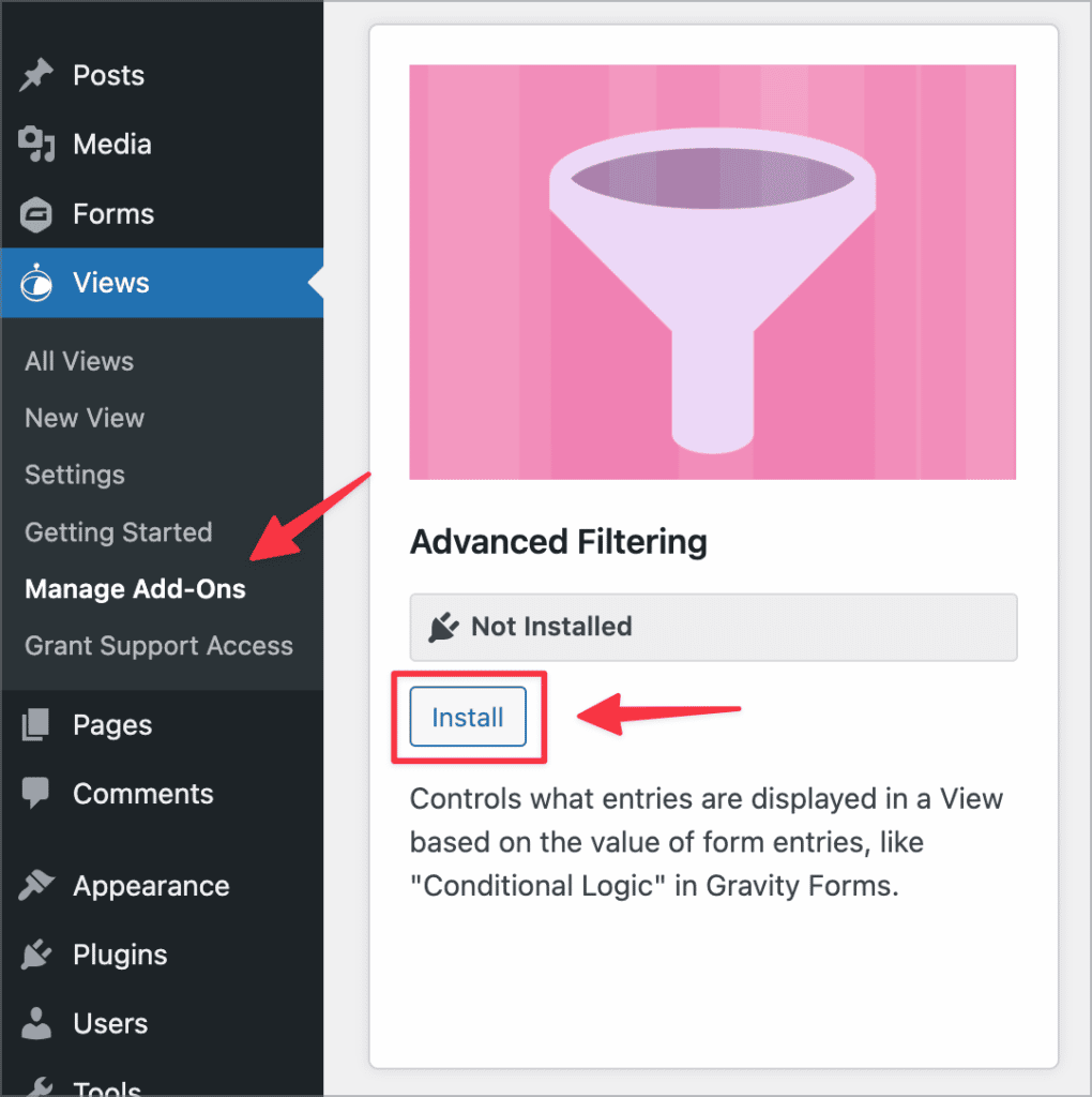 The 'Install' button for the Advanced Filtering extension on the Manage Add-Ons page