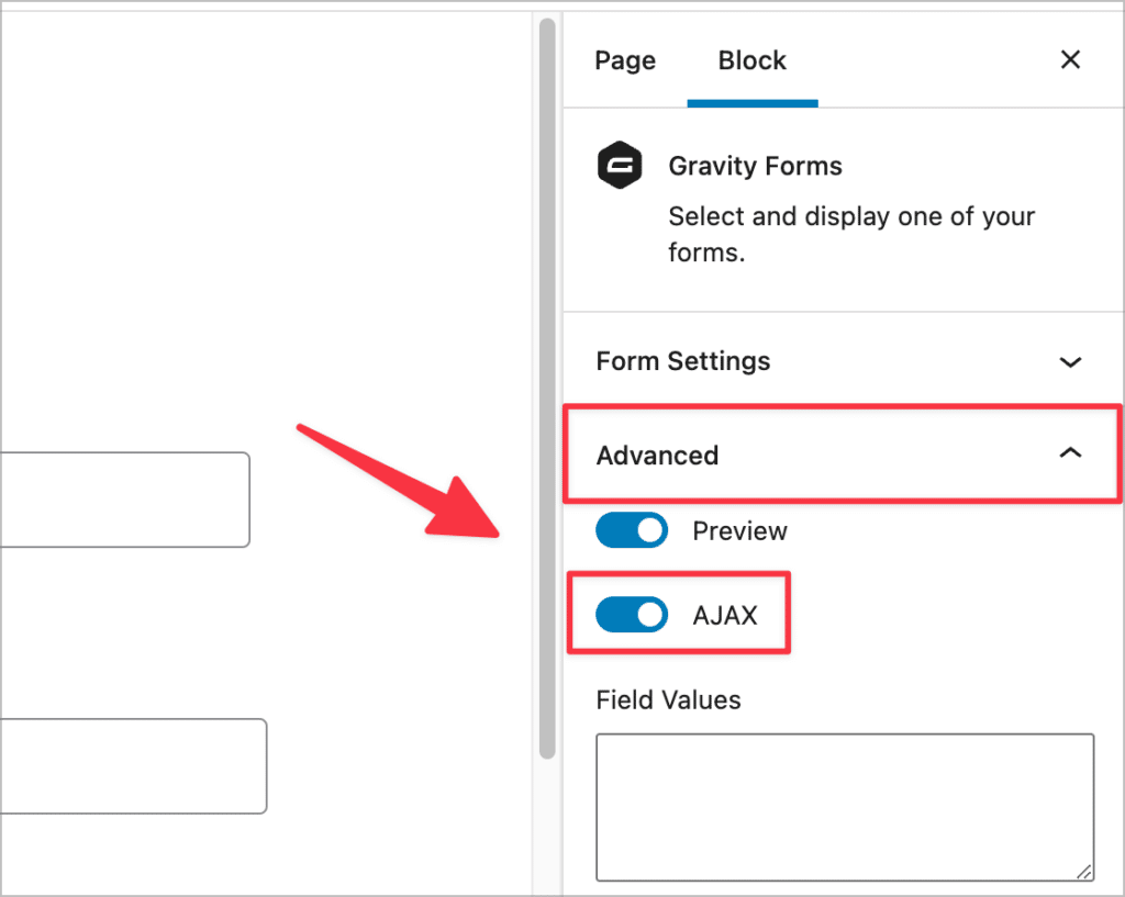 An arrow pointing to a toggle labeled 'AJAX' in the Gravity Forms Advanced block settings