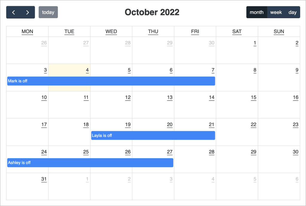 A vacation calendar built using the GavityCalendar plugin