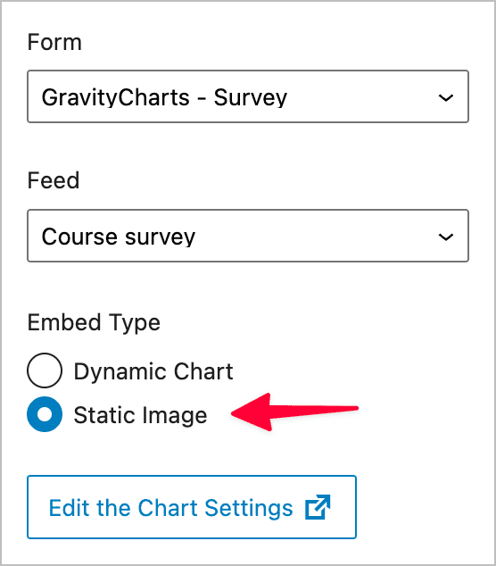 The 'Static Image' checkbox in the GravityCharts block settings
